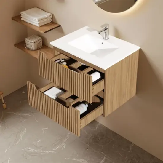 Wooakway 24" Walnut Floating Wall Mount Bathroom Vanity with White Sink image {2}