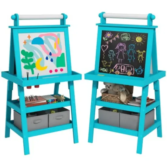 FONTOI Easel for Kids, Double Sided Kids Art Easel with Paper Roll, Chalkboard & Storage, Standing Toddler Easel, Blue, 18.9"*46.5"*23.2" image {4}