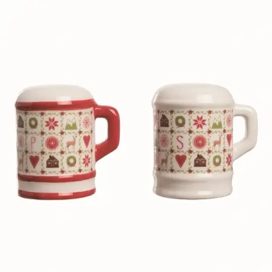 Transpac Christmas Quilted Pattern Mugs Ceramic Salt and Pepper Shakers Collectables Multicolor 2.75 in. Set of 2 image {2}
