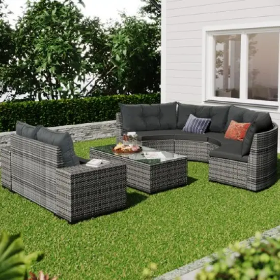 8PCS Patio PE Rattan Conversation Set, Outdoor Half-Moon Sectional Sets With Coffee Table-ModernLuxe image {1}