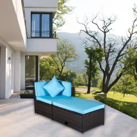 4pc Wicker Patio Sectional Seating Set with Cushions - Brown/Blue - GODEER image {4}