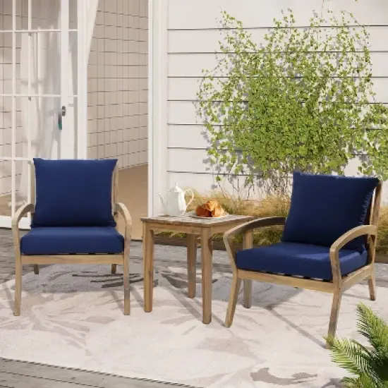 LuxenHome Outdoor Acacia Wood Side Table and Set of 2 Armchairs with Blue Cushions image {2}