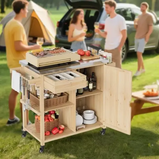 Solid Wood Outdoor Grill Cart Storage Cabinet with Stainless Steel Table Top and Spice Rack, Patio Bar Table with Lockable Wheels, Natural image {2}