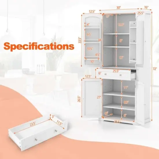 Costway 72'' Freestanding Kitchen Pantry Cabinet 4 Doors Storage Cupboard Shelves Drawer image {2}