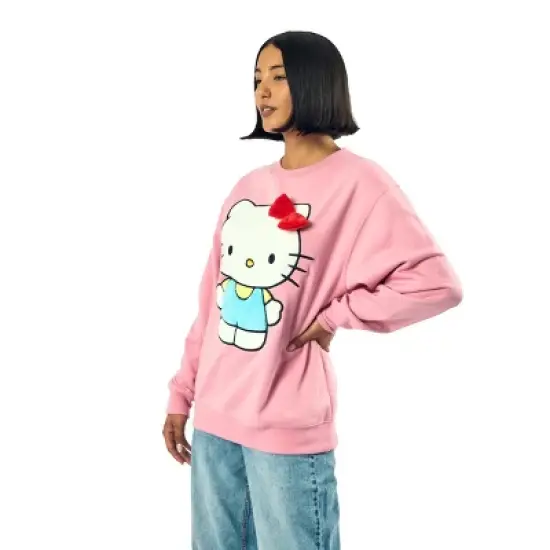 Hello Kitty Big Face Plush Character Women's Pink Crew Neck Long Sleeve Oversized Fleece Sweatshirt image {2}