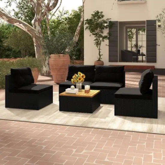 Tangkula 5 Piece Outdoor Furniture Set w/ Seat & Back Cushions Acacia Wood Tabletop image {2}