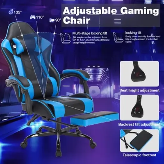 Bosmiller Gaming Chair with Footrest, Ergonomic Computer Chair with Headrest and Lumbar Support, Video Game Chairs for Adults, Black Blue image {4}