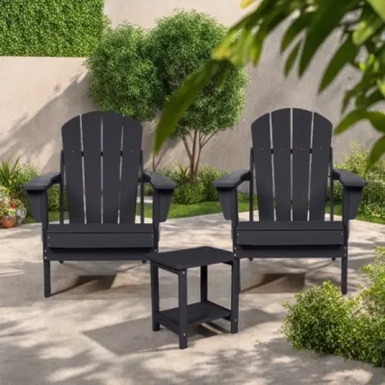 FURNIinspire Patio Seating Sets Folding Adirondack Chairs With Side Table, 3-Piece Rocking Chairs Set With Wood Texture, Black, 30&ldquo;*28&rdquo;*35&ldquo; image {4}
