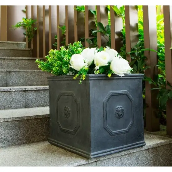 12.6" Kante Lightweight Classic Square English Style Lion Head Concrete Planter Antique Gray - Rosemead Home & Garden, Inc. image {1}
