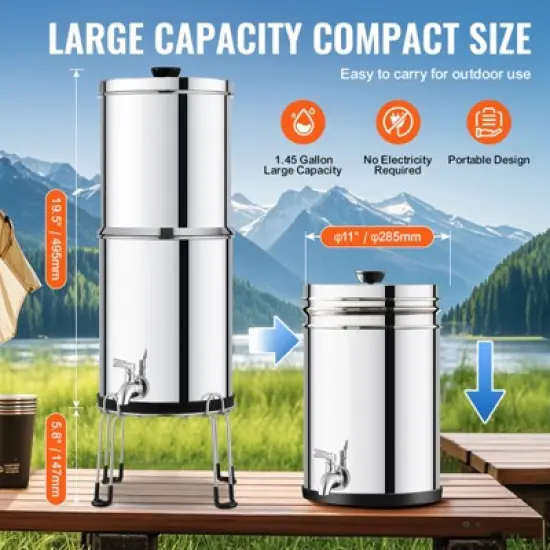 VEVOR Gravity-fed Water Filter System, 2.25G 304 Stainless-Steel Countertop Water Filtration System, Reduces Lead and up to 99% of Chlorine image {5}