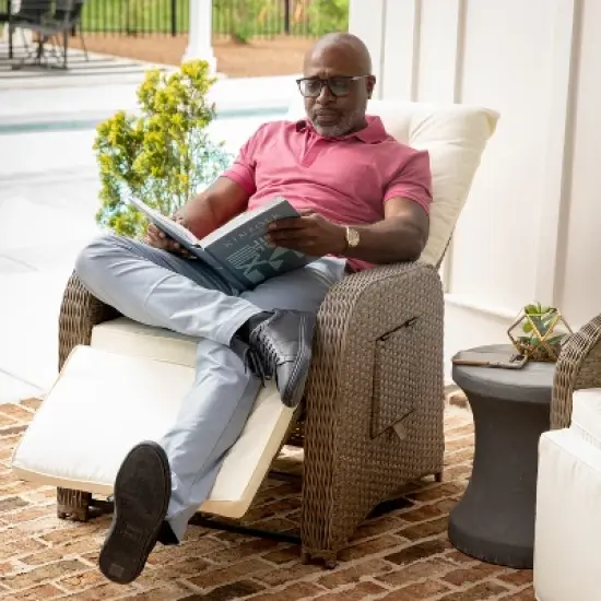 Flash Furniture Nemo Set of 2 Indoor/Outdoor Patio Wicker Rattan Recliner Lounge Chairs with Flip up Side Tables image {8}