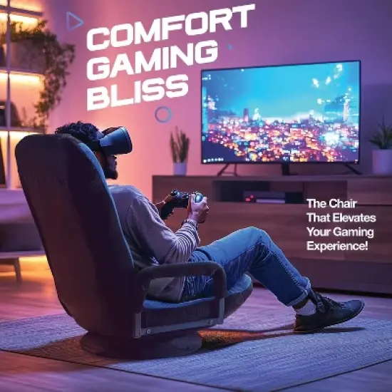 Swivel Gaming Floor Chair  6 Adjustable Positions, Lumbar Support, Removable Cover, Arm Rests, Foldable, Stylish Blue with Black Stripe Maple99 image {2}
