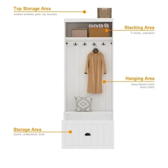 Famapy White Hall Tree Shelf Rack Shoe Storage Coat Organizer Cabinet image {3}
