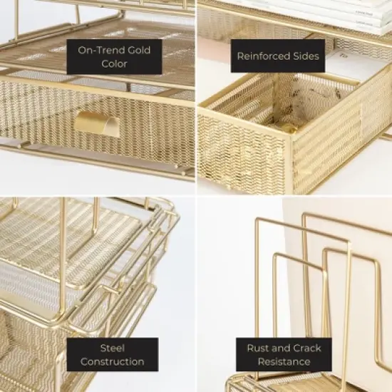 Blu Monaco Gold Desk Organizer - Includes Detachable File Organizer, Stackable Paper Tray & Drawer, Office Supplies for Desk image {6}