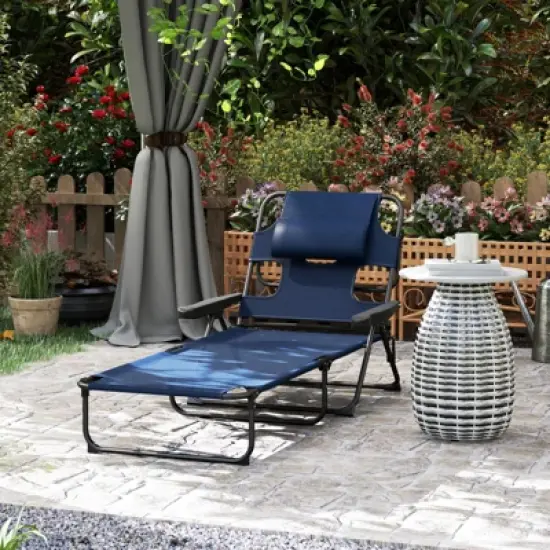 FURNIinspire Outdoor Portable Chair 4 Position Recline Foldable Design with Reading Hole for Poolside Relaxation, Black, Navy Blue, 74.4"*28.3"*32.3" image {2}