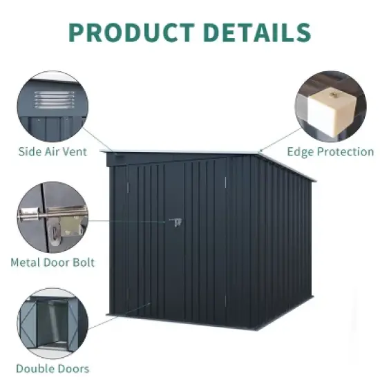 6x8FT Galvanized Steel Garden Storage Shed,Metal Lean To Shed with Lockable Double Doors and PC Light Board,Outdoor Tools Bikes Shed-Coolbibila image {4}