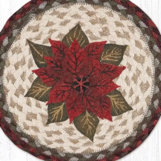 Earth Rugs Primitive Poinsettia Round Trivet &ndash; 10" Holiday Floral Print on Braided Natural Jute Table Mat image {2}