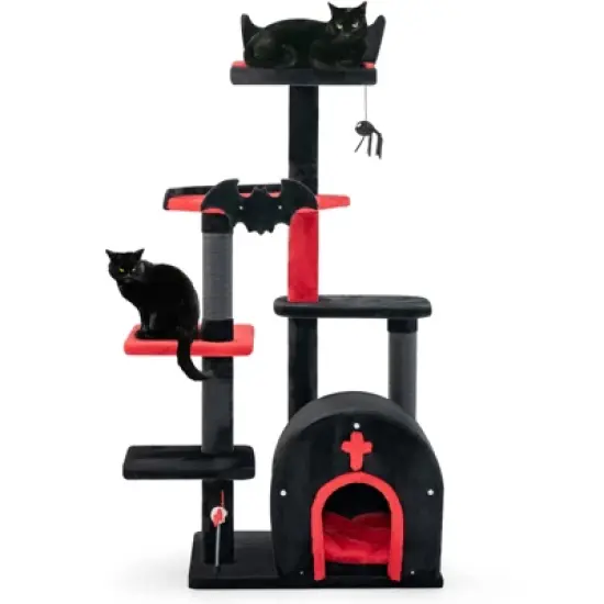 Costway 6-Tier Gothic Cat Tree 53&rdquo; Tall Cat Tower w/ Cat Bed Arch-Shaped Condo Pompom image {1}