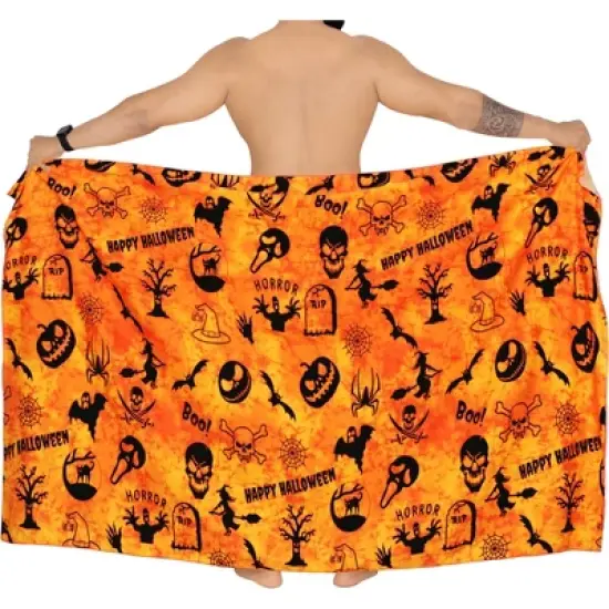 HAPPY BAY Men's Pareo Halloween Costumes Scary Theme Party Swim Trunks Swimwear Cover Up Beach Wrap Summer Sarong for Men One Size Orange, Ghost image {3}