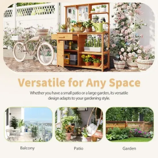 Hrinhom 50.2"W  Patio Potting Bench Table, Wooden Farmhouse Garden Workstation with Storage Shelves and Side Hook image {1}