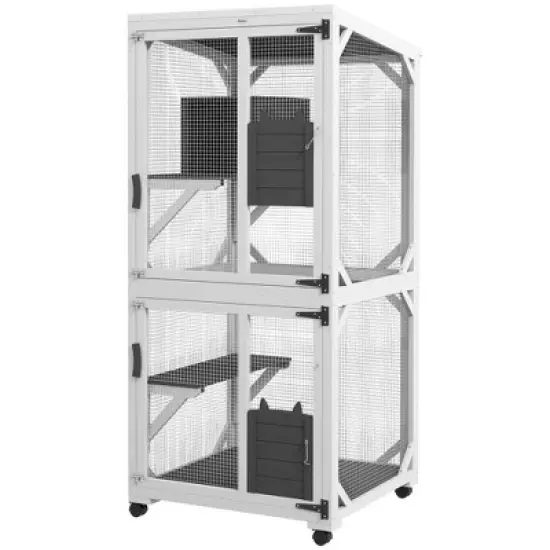 PawHut Catio Outdoor, Large Cat Enclosure, Wooden Kitten House, Elevated Design, with Wheels, Water-Resistant, Multi Platforms image {3}