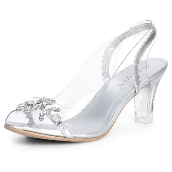 Allegra K Women's Clear Slingback Flower Rhinestone Peep Toe Heels Sandals image {8}