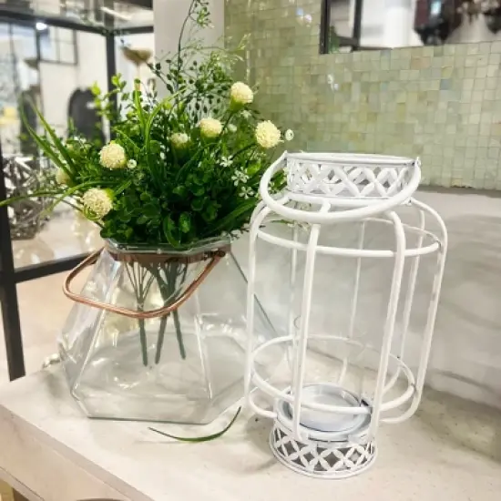 Essential Decor & Beyond 12.6" White Tabletop Metal Lantern Candle Holder With Handle image {2}