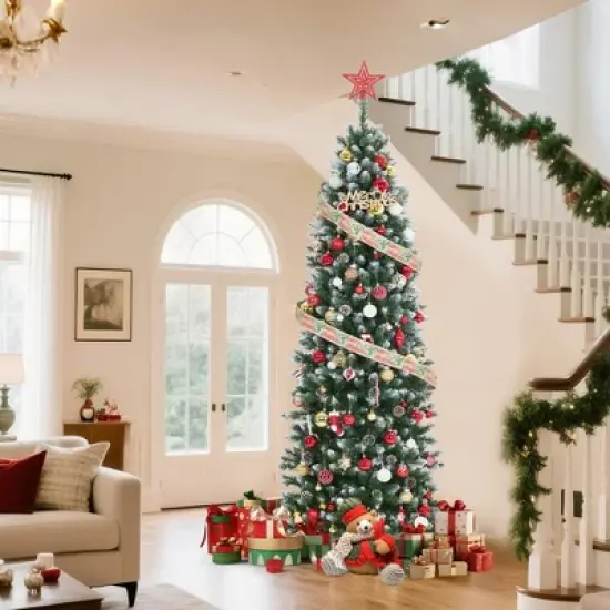 Pre-Lit Slim Christmas Tree with Warm White Lights, Pine Cones & Metal Stand &mdash; Weather-Resistant PVC Tips, 6/7.5/9/12 ft image {2}