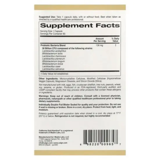 California Gold Nutrition LactoBif&reg; 30 Probiotics, 30 Billion CFU, 60 Veggie Capsules image {1}