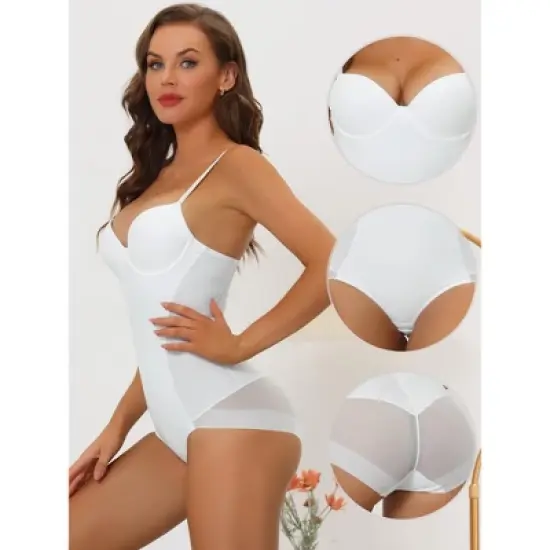 Allegra K Women's Adjustable Straps Tummy Control Shaping Mesh Leotard with Bra image {2}