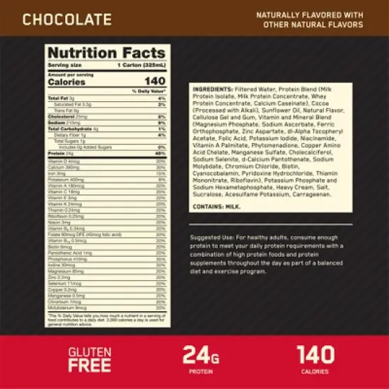 Optimum Nutrition Chocolate RTD Protein Shake 4pk/11oz: Non-Caffeinated Liquid Beverage image {2}