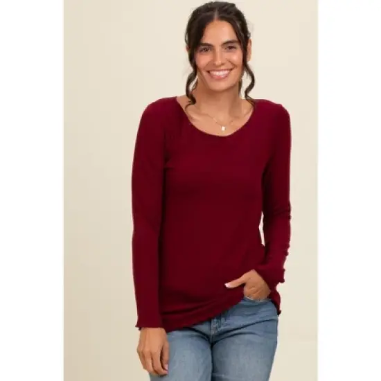 PinkBlush Burgundy Ribbed Knit Long Sleeve Lettuce Hem Maternity Top image {4}