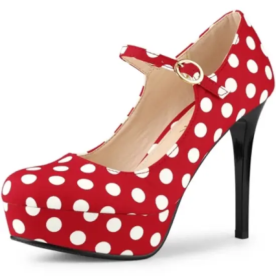 Allegra K Women's Polka Dots Platform Round Toe Ankle Strap Stiletto High Heel Pumps image {7}