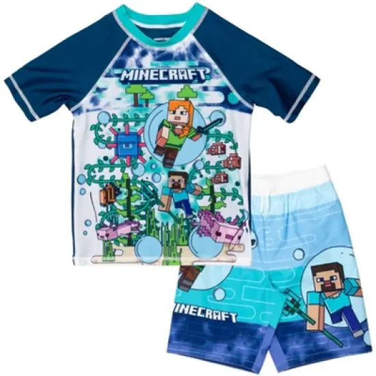 Minecraft Zombie Creeper Alex Steve Rash Guard and Swim Trunks Outfit Set Little Kid to Big Kid image {8}
