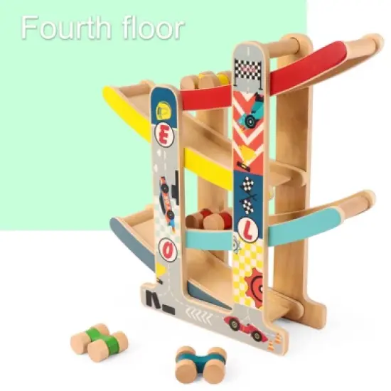 Leo & Friends Wooden Ramp Racer Track with 4 Race Cars Included image {2}