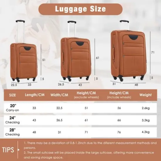 NAYSAYE Luggage Softside Expandable 3 Piece Luggage Set with Duffel Bag TSA Lock Spinner Wheels for Travel, Orange, 31.78"*20"*12.33" image {4}