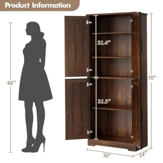 Freestanding 70" Tall Kitchen Pantry Cabinet with 4 Doors & Open Shelves, Adjustable Storage Cupboard for Dining Room, Bathroom, Living Room image {1}