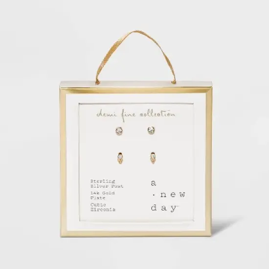 14K Gold Plated Cubic Zirconia Triple Circle Stud Earring Set 2pc - A New Day&trade; image {2}