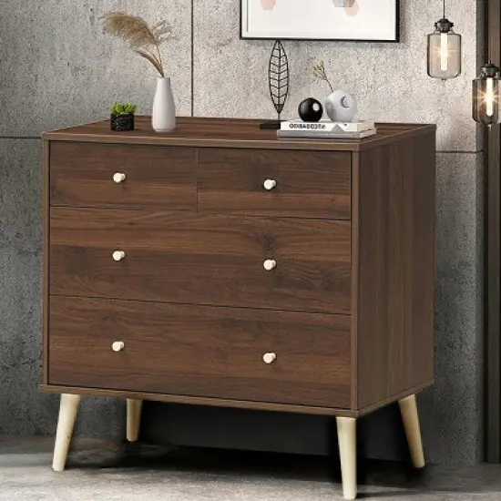 Costway 4-Drawer Dresser Chest Cabinet Storage Organizer Rubber Leg W/Rail Walnut Finish image {2}