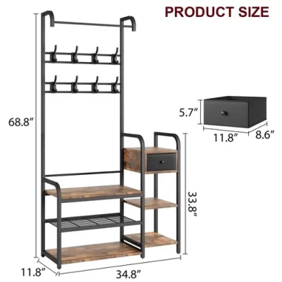 Hall Tree Storage Bench for Entryway, Coat Rack Cloth and Shoe Bench with Drawer for Small Spaces, Bedroom 5-in-1 8 Hooks Coat Rack Storage Shelf image {8}
