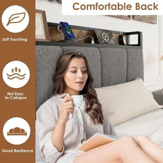 Garvee Upholstered Bed Frame with 2 Storage Drawers, Power Outlet, Queen Bed Platform with Storage Headboard, Noise Free, No Box Spring Needed image {3}
