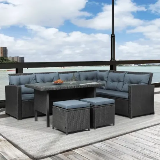 6pc Wicker Patio Conversation Set with Glass Table Ottomans & Cushions - Black/Dark Gray - GODEER image {1}