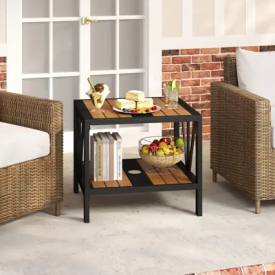 Tangkula 2PCS Outdoor Side Table 2-Tier Coffee End Table w/ 1.57" Umbrella Hole Storage Shelf image {3}