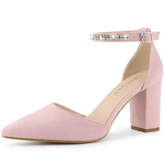 Allegra K Women's Pointed Toe Rhinestone Ankle Strap Chunky Heels Pumps image {7}