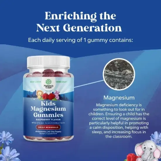 Kids Magnesium Gummies, Calm Relaxing Mag Citrate Supplement, Nerve Health, Muscles & Heart Support, Nature's Craft, Raspberry Flavor, 45 or 90ct image {4}