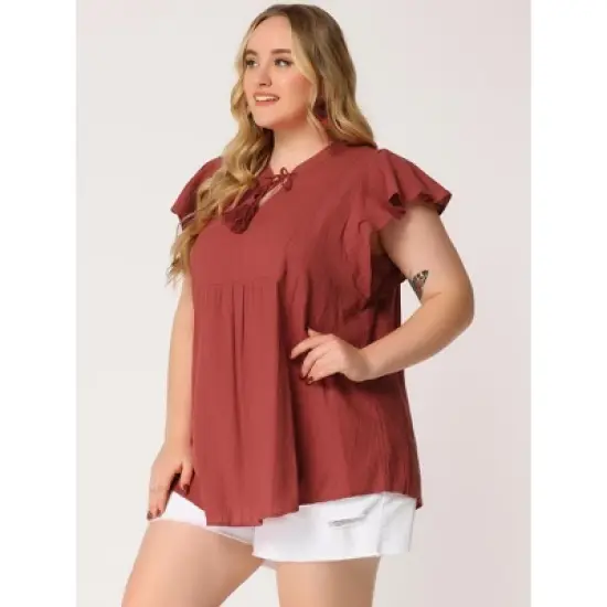 Agnes Orinda Women's Plus Size Flutter Sleeve Drawstring Flowy Summer Split V Neck Tunic Top image {1}