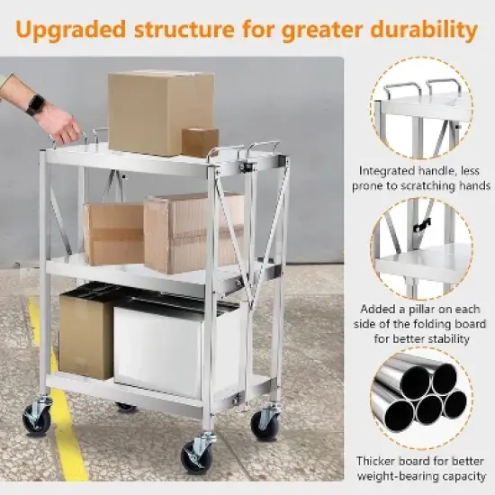 Foldable Utility Cart with Wheels 300LB Capacity Collapsible 3-Tier Rolling Tool Cart Stainless Steel for Home Garage Workshops Travel image {3}
