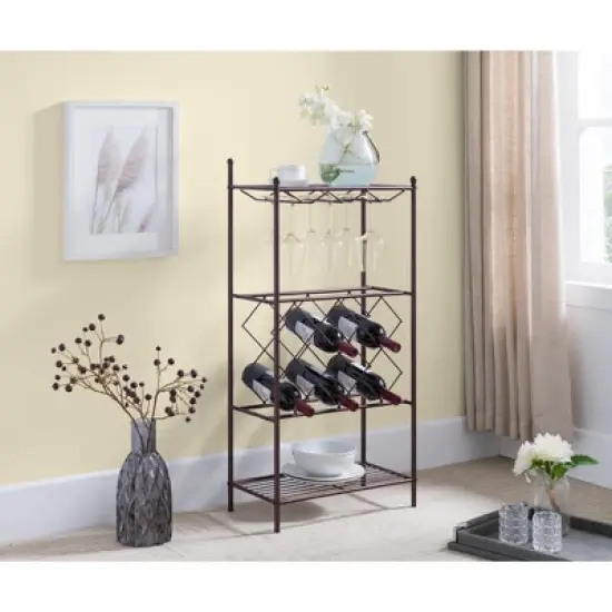 Kings Brand Furniture Freestanding Floor Metal Wine Rack Stand, Wine Bottle Liquor Cabinet with Glass Holder & Storage Shelves &ndash; Bronze image {4}