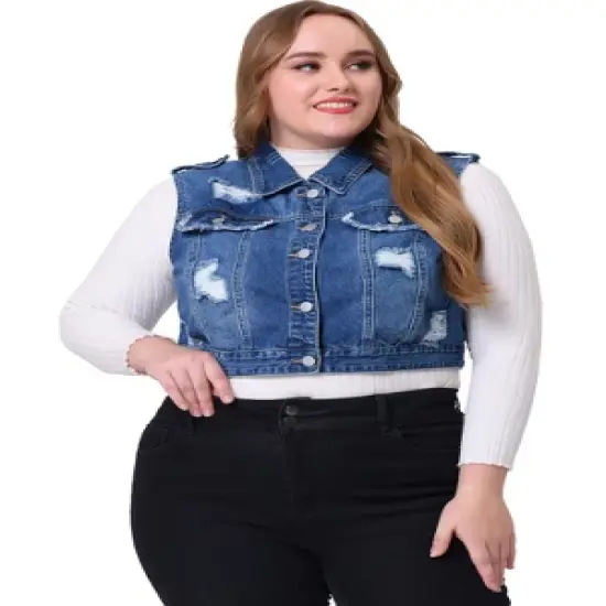 Agnes Orinda Women's Plus Size Sleeveless Chest Pockets Button-Up Denim Vests image {2}