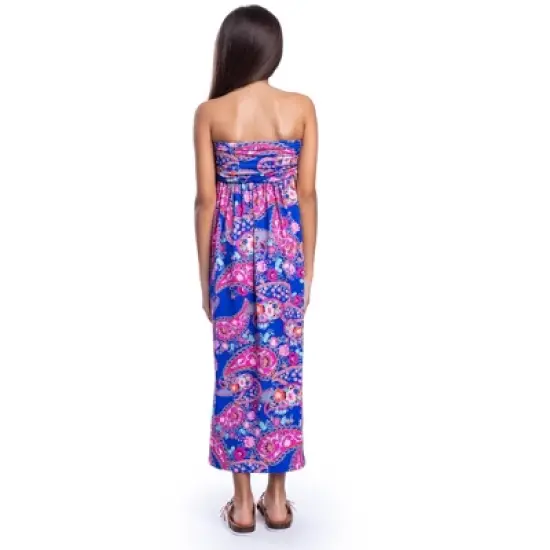 24seven Comfort Apparel Girls Blue Paisley Print Strapless Tube Maxi Dress image {2}